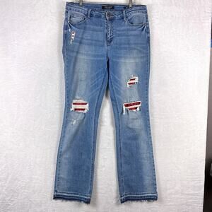Judy Jeans Womens 31 Blue Boot Cut Faded Whiskered Distressed Flannel Patched